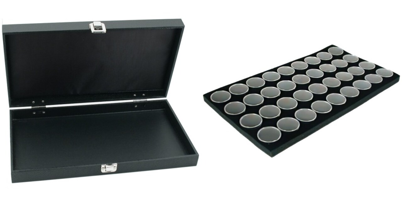 Black Jewelry Display Case (Single metal clasp) w/ Black Foam 36 Gem Jar Insert